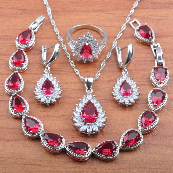 

quality water drop rose red crystal silver color jewelry set for women earrings necklace pendant rings bracelet set js0395