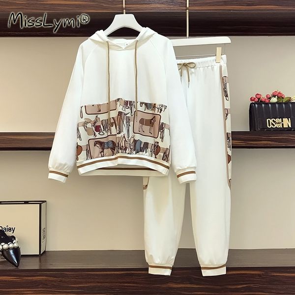 

l-5xl plus size tracksuit women autumn long sleeve hoodies and loose casual elastic waist pants cotton two piece clothes 201008, White