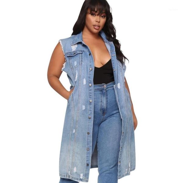 

autumn fashion floral embroidery long denim jacket ladies lapel sleeveless washed tear denim jacket women's streetwear1, Tan;black