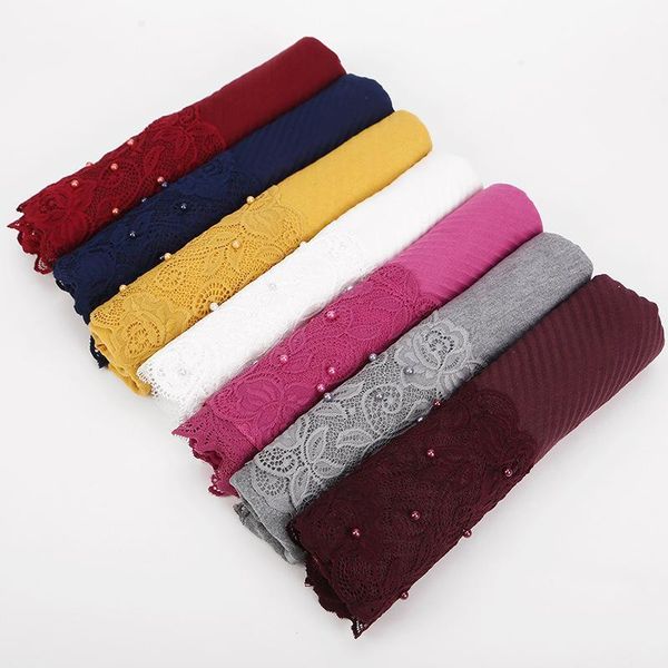 

70*200cm muslim women lace hijab scarf ladies shawls and wraps female foulard hijab stole islamic soft cotton pearls headscarf1, Red