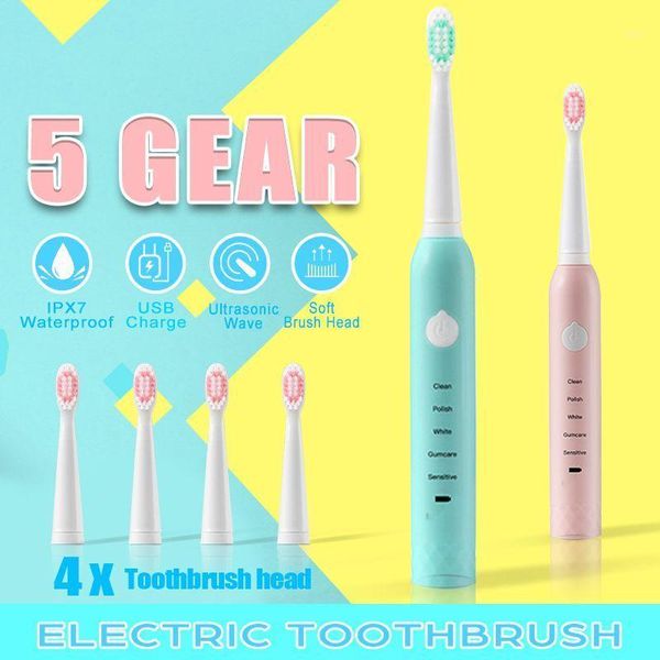 

5 mode electric toothbrush rechargeable ultrasonic washable electronic whitening waterproof teeth brush+ 4 head+protective cover1