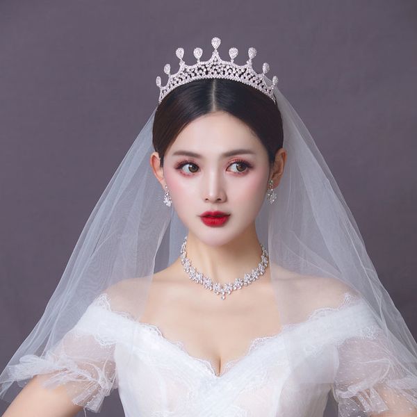 

japanese and sweet new korean crown headdress wedding dress accessories bridal necklace earrings three piece set, Silver