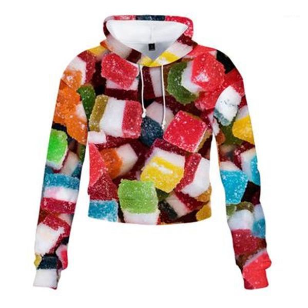 

high waist short hoodies women sweets loose hoodies fahion 3d digital printing long sleeve casual pullovers designer female exposed navel, Black