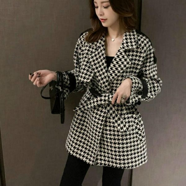 

women's wool & blends woman plaid woolen coat slim houndstooth belt jacket, Black