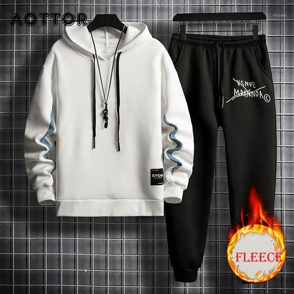

new men fleece set fashion warm tracksuit linner thick sweatshirt + pants sportswear suit mens streetwear hooded outerwear suit1, Gray