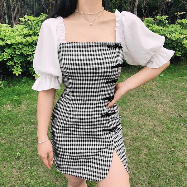 

party dresses women's puff sleeve short ruffle dress fashion checkerboard button plaid square collar slim hem slit mini, White;black