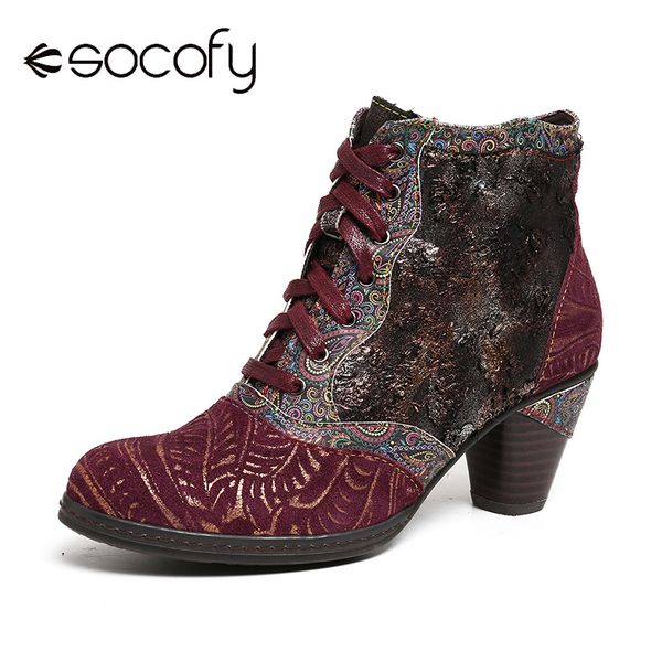 

socofy retro genuine boots leather splicing embossed rose lace up zipper high heel ankle boots women shoes botas mujer 2020 c0202, Black