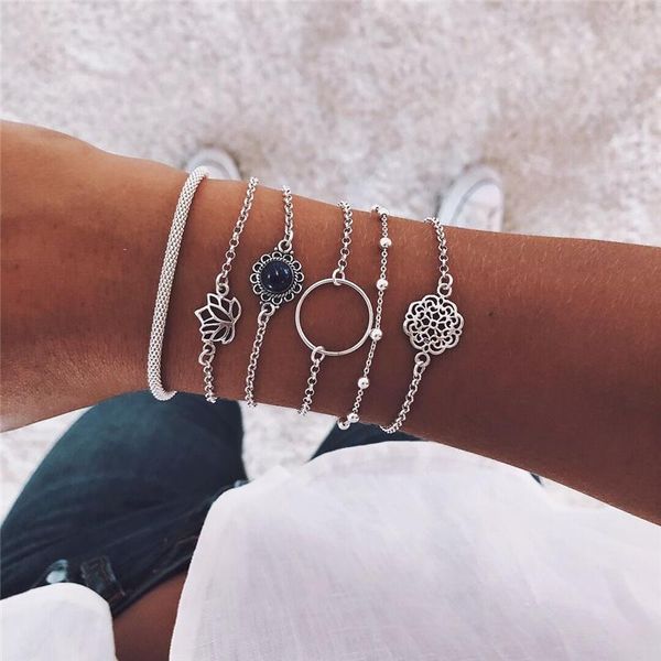

bohemia hollow lotus flower anklet bracelet bangles for women layer love heart jewelry, Black