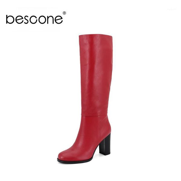 

boots bescone stylish women genuine leather handmade round toe shoes casual zipper square heel ladies bc3871, Black