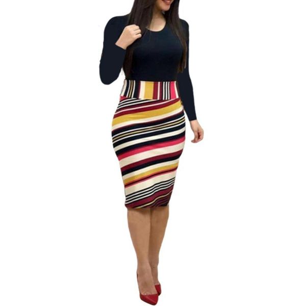 

women striped print long sleeve pencil dress spring autumn o-neck casual bodycon package hip midi party dress plus size 5xl, Black;gray