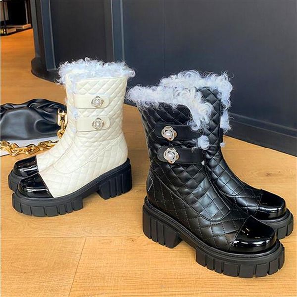 

boots fur one-piece women's high-heeled increase thick-soled striped plaid high-heel winter ladies, Black