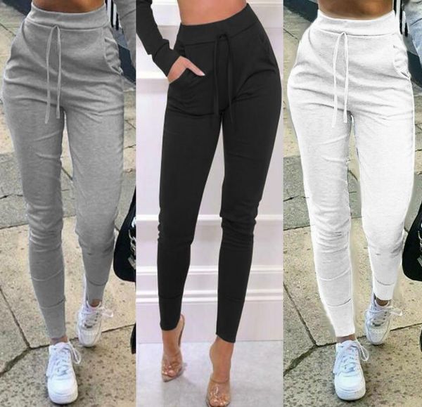 

new 2020 women casual solid color sport pants elastic high waist ankle cuff tight sweatpants with pocket tracksuit1, Black;white