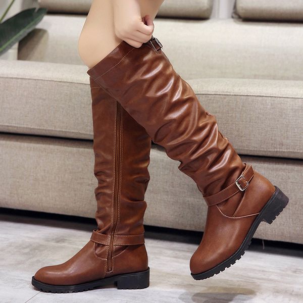 

women's winter boots and autumn genuine pu women zipper square heel solid color high boots knee-high shoes round toe, Black