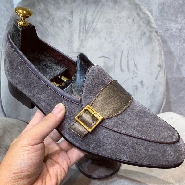

style men vintage british luxury loafers brand pointed toe business casual dress buckle designer suede flat shoes, Black
