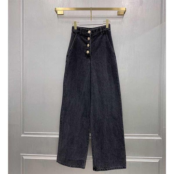 

cosmicchic 2020 black jeans high waist gold buttons women trousers ankle-length-pants wide-leg-pants runway autumn winter casual, Blue