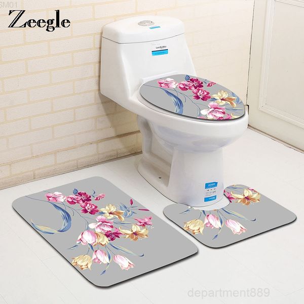 

eco-friendly floral pattern 3pcs bath set carpet suit wc mat u shape non-slip toilet rugs bathroom products