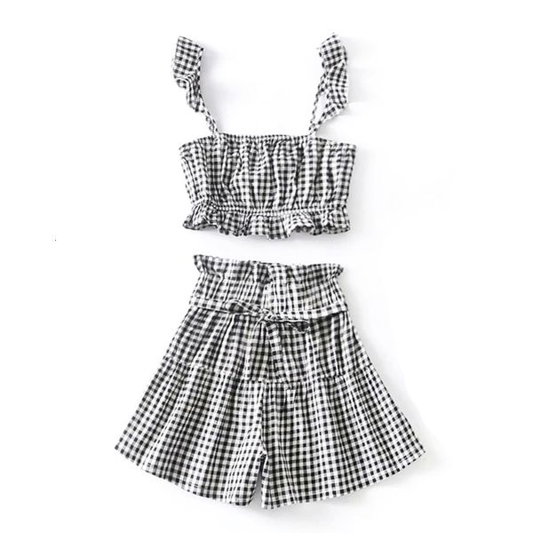 

2021 new summer vintage out of the shoulder short and shortcomings women's two parts tuesday sweet black chess high thin type eklu, White;black