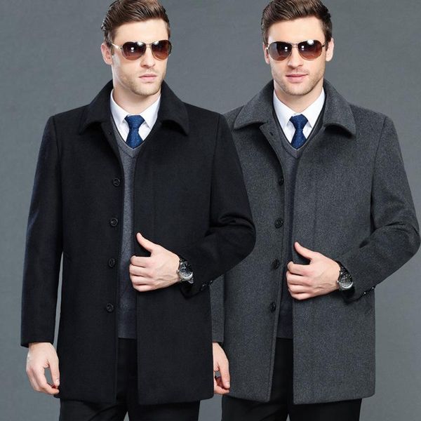 

new winter wool coat with velvet thickening in middle-aged male business cashmere coat of long woollen in the male, Black