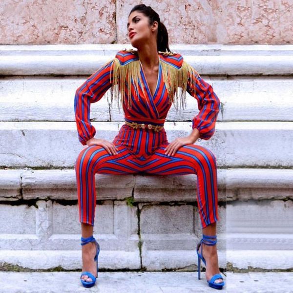 

host etiquette stage performance bar female singer dj slim red and blue stripes long-sleeve jumpsuit stage dance costume dwy36281, Black;red