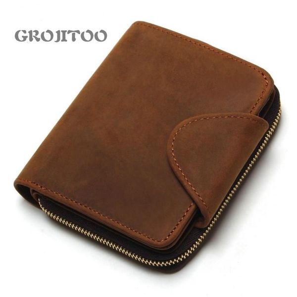 

grojitoo men's genuine leather vertical wallet crazy horse wallet multi-function purse card holder, Red;black