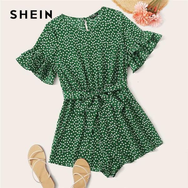 

green ditsy floral flounce sleeve belted romper women 2020 summer wide leg o-neck boho rompers womens playsuits, Black;white