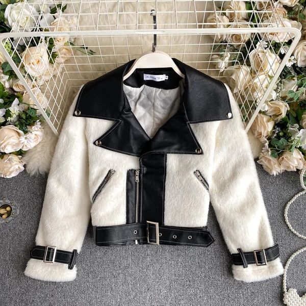 

deat 2021 winter women new fashion long sleeve lapel locomotive style patchwork imitation slim jacket coat rc5481, Black;brown