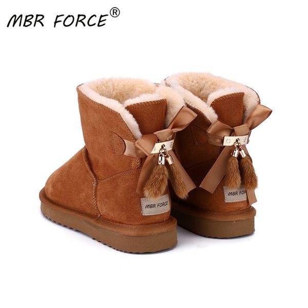 

mbr force cowhide leather short plush fur lined women short ankle winter suede snow boots with bowknots mink tassels warm shoes y200915, Black