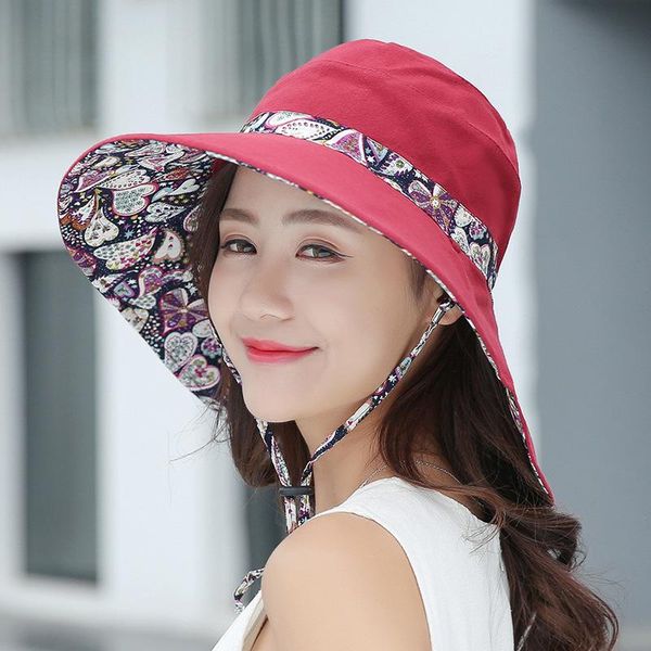 

wide brim hats female flower print double-sided cotton linen sun hat women big anti-uv foldable beach lady's bucket, Blue;gray