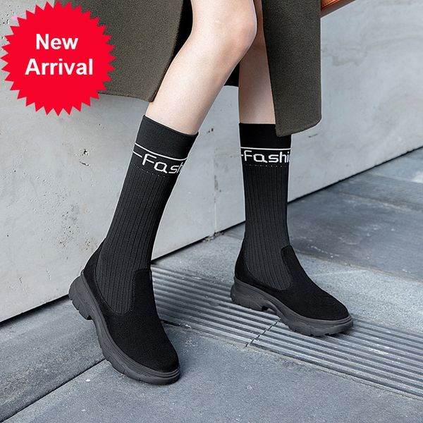 

2021 the new street style round head mid-calf on the knee strain knitting platform heel mean riding boots feminine shoes 1898, Black