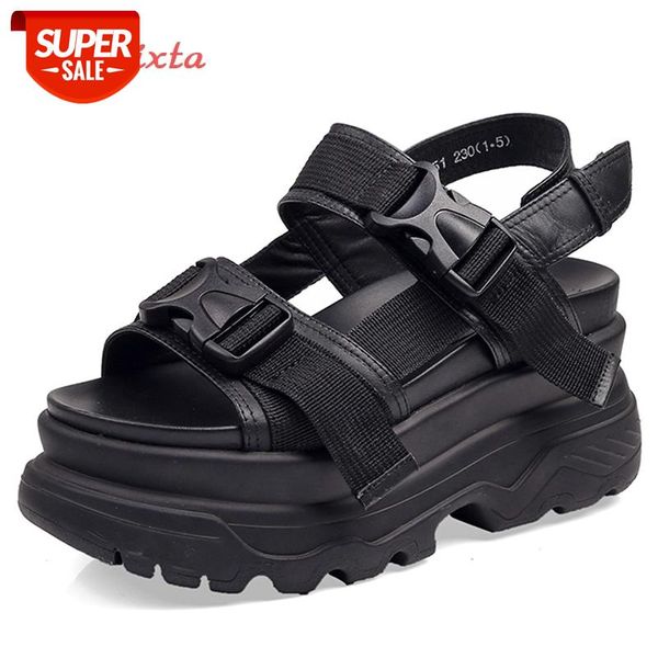 

aphixta 8cm platform sandals women wedge high heels shoes women buckle leather canvas summer zapatos mujer wedges woman sandal #2x8x, Black