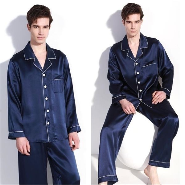 

good quality 100% pure silk men's pajama set sleepwear nightgown l xl 2xl ym009 201111, Black;brown