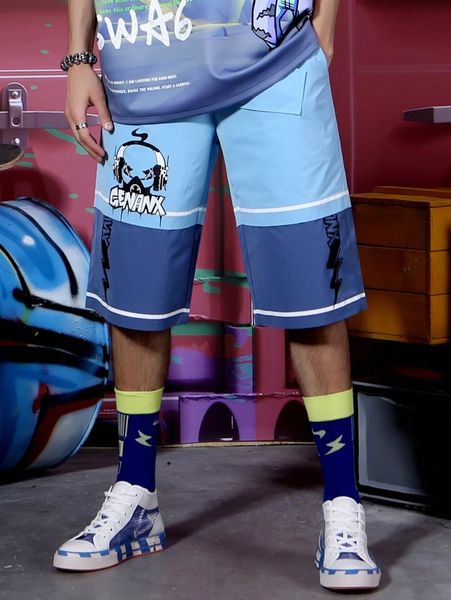 

men letter & cartoon graphic shorts b28j#, Black