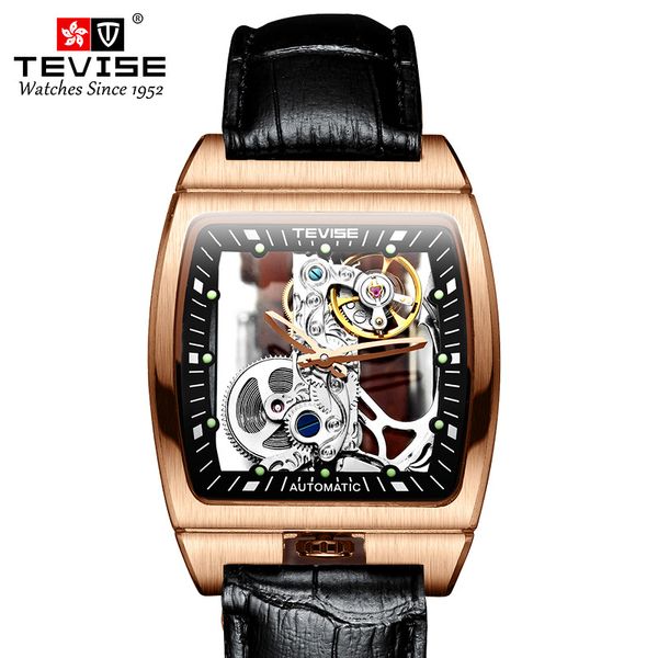 

2020 tevise luxury hollow automatic watches mens leather strap mechanical wristwatch relogio masculino, Slivery;brown