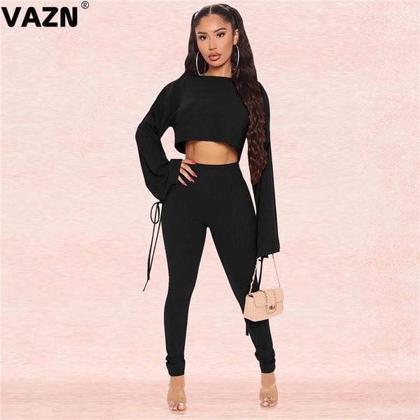 

vazn 2020 autumn hollow out knit set young sweet club solid high waist full sleeve long pants skinny women 2 piece set1, Gray
