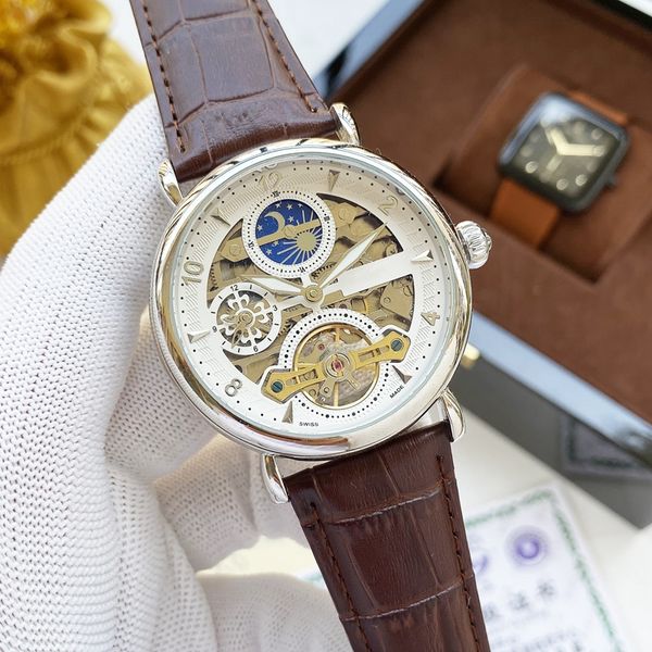 

2021 new luxury mens watches large flywheel 42mm size automatic mechanical watch designer brand moon phase leather strap fashion gift style, Slivery;brown
