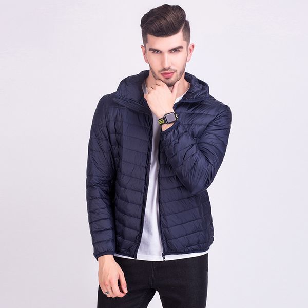 

2020 korean new lightweight jacket men's hooded long sleeve short 90 white duck down large, Black