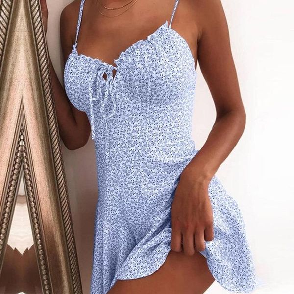 

summer tie front v neck elegant floral print mini dress women off shoulder ruffle party dress femme backless a-line dresses1, Black;gray