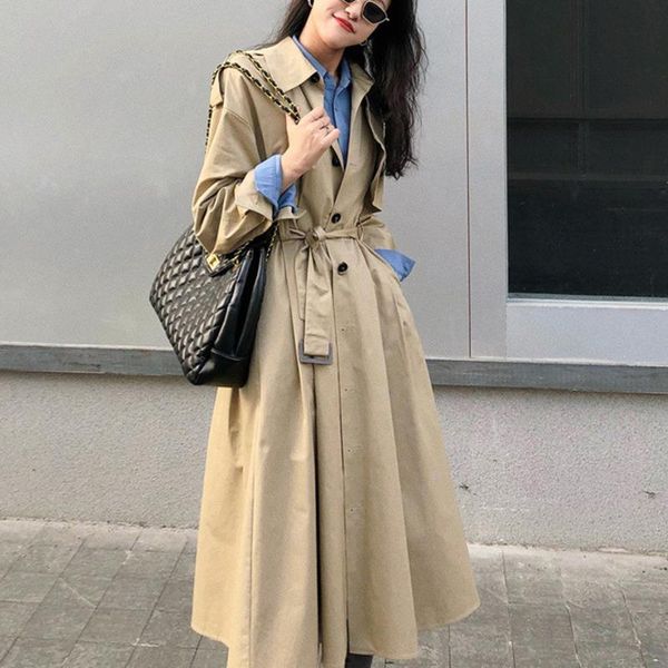 

ewq] 2021 autumn long-sleeved turn down collar single breasted solid color loose mid long windbreaker overcoat with belt 8q523, Tan;black