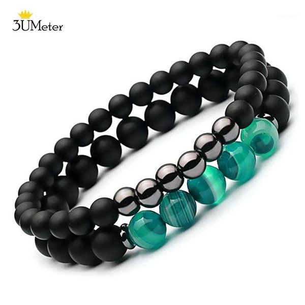 

beaded, strands 2pcs natural striped agates matte black onyx beaded bracelet for women men stone hematite jewelry pulseras1