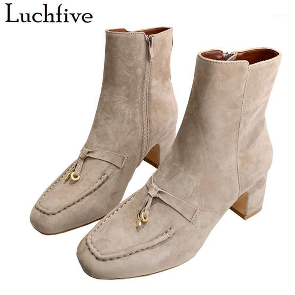 

lock tassel boots femme kid suede shoes woman chunky heel square toe ankle boots big size apricot leather women1, Black