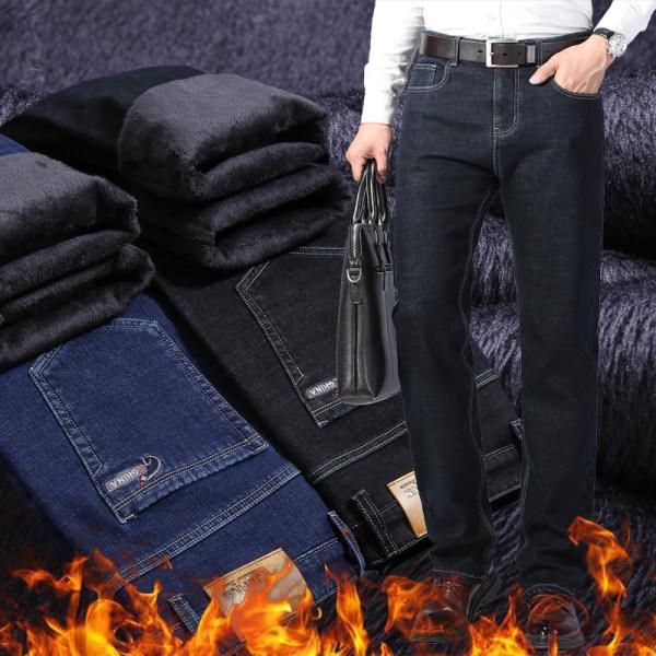 

winter keep warm fleece stretch jeans mens winter loose straight men's jeans, Blue