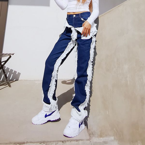 

2021 women's new fashion pockets white fringed high waist all-match wide-leg jeans women, Blue