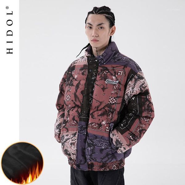 

2020 winter thick oversized parka coats national vintage paisley floral printed zipper retro jacket men hip hop swag blue1, Black