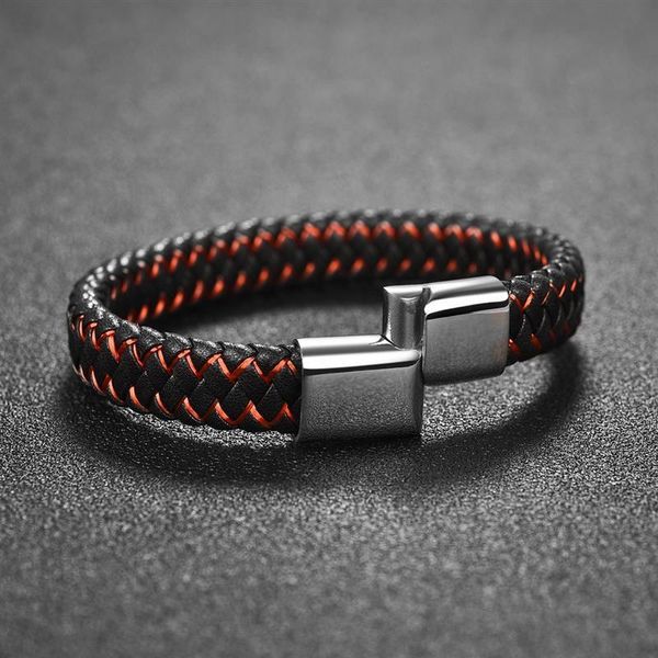 

obsede fashion men jewelry black/red braided leather bracelet stainless steel magnetic clasp bangles charm male jewelry gift, Golden;silver