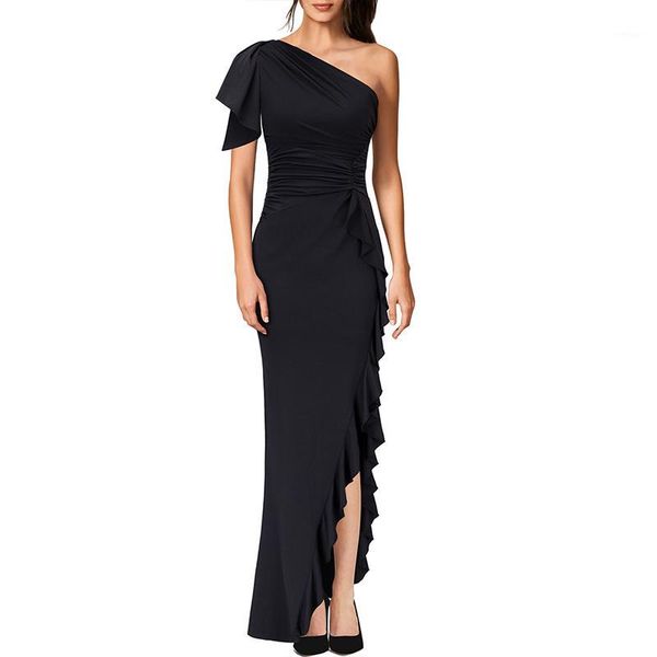 

vfemage women one shoulder ruffles ruched falbala asymmetrical fitted formal evening prom party special occasion maxi dress 29191, Black;gray