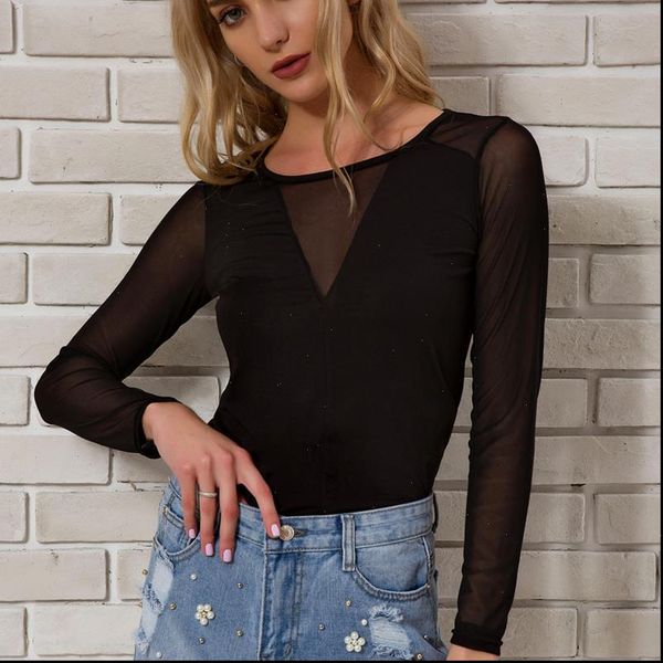 

womens long sleeve v neck transparent blouse patchwork black mesh ladies and blouses 2021 new summer female blouses, White