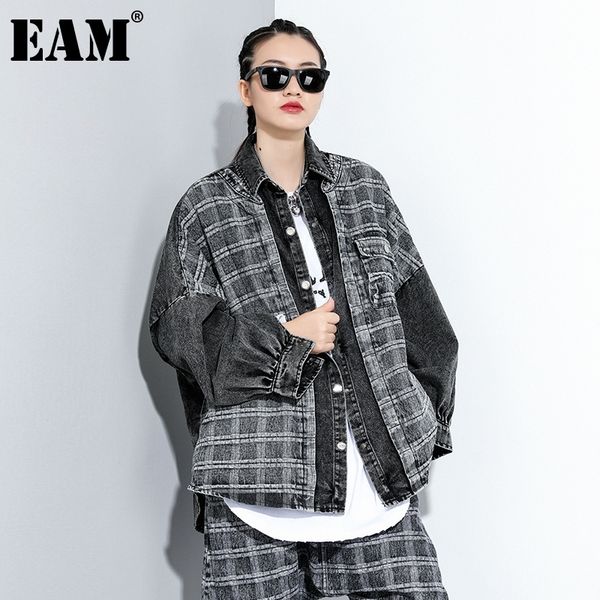 

[eam] loose fit black plaid denim big size jacket new lapel long sleeve women coat fashion tide spring autumn 1da091 201028, Black;brown