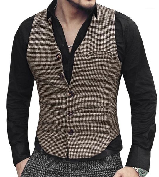 

check waistcoat men brown forma vest v neck wool single-breasted houndstooth casual business groomman for wedding festival1, Black;white
