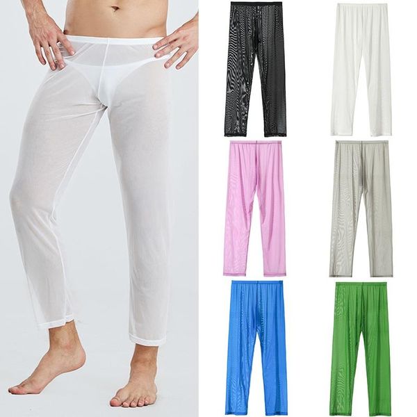 

men's soft pajama pants transparent trousers sleepwear men pants homewear see-through lounge wear casual clothing, Black;brown