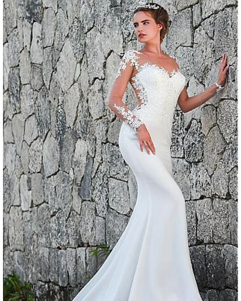 

Mermaid / Trumpet Wedding Dresses Jewel Neck Court Train Lace Long Sleeve Formal Casual Vintage Illusion Sleeve with, White